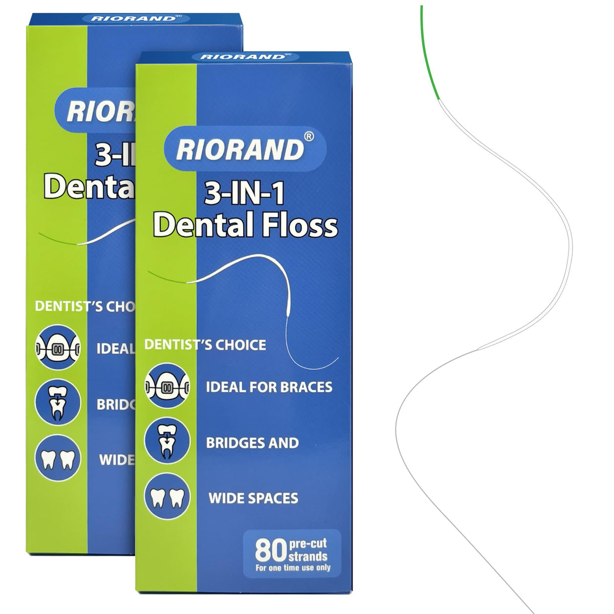 RioRand orthodontic floss with brace threader for easy under-wire access.
