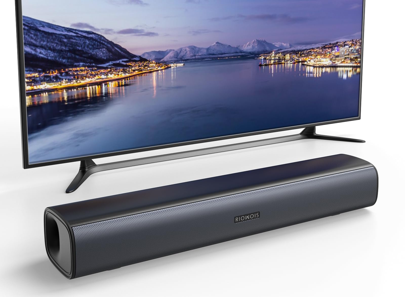 RIOWOIS Sound Bar with bass reflector enhances dialogue clarity for TV viewing.