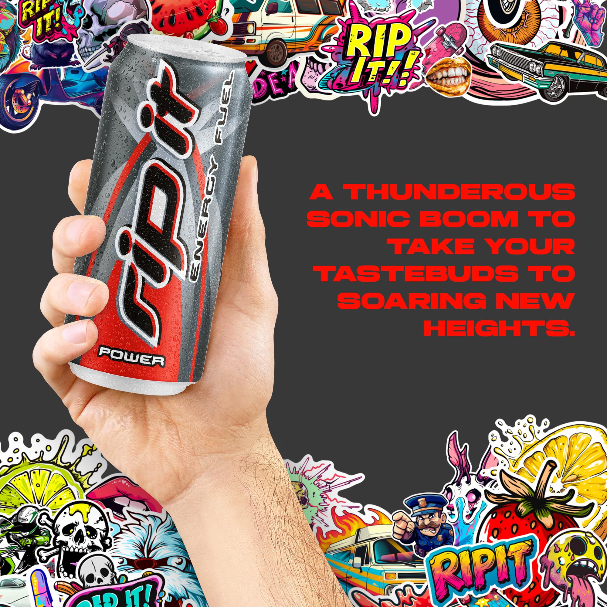 Rip-It Power 12-pack label closeup communicates bold, no-nonsense energy