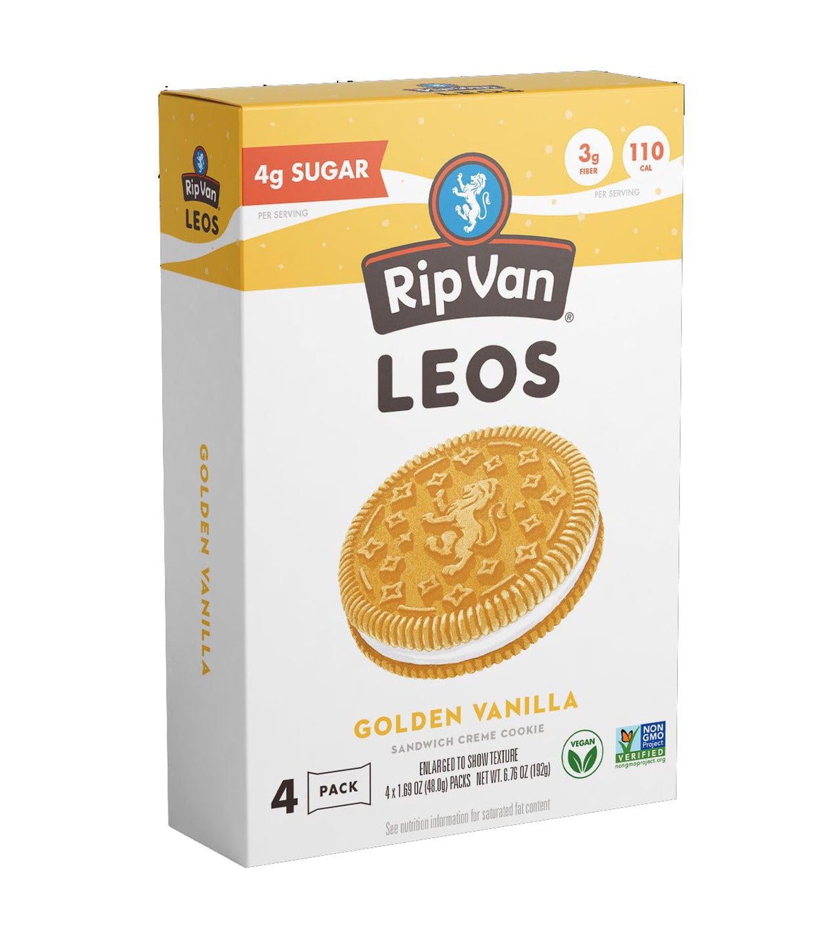 Rip Van Leos Golden Vanilla sandwich cookie pack shows crisp exterior and creamy filling for snacking