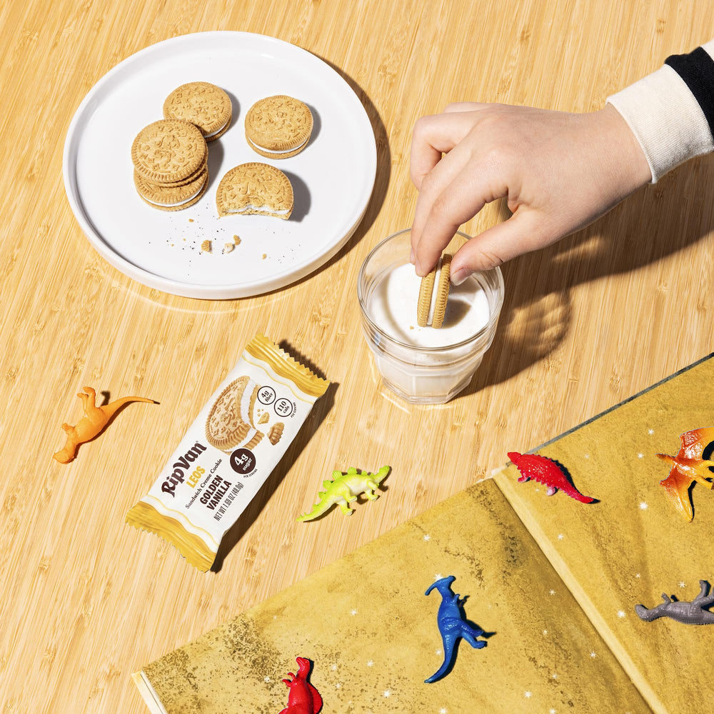 Rip Van Leos Golden Vanilla cookie beside coffee for a balanced morning pick-me-up