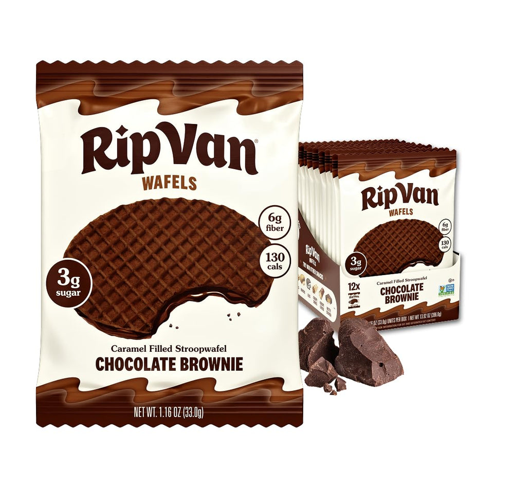 Rip Van Wafels Chocolate Brownie Stroopwafels package with 12 individually wrapped snacks