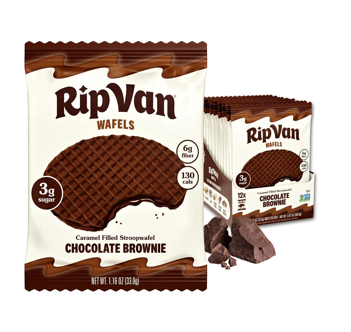 Rip Van Wafels Chocolate Brownie Stroopwafels package with 12 individually wrapped snacks