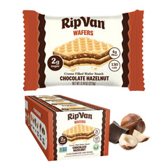 Rip Van Wafels chocolate hazelnut wafer front view, low-sugar indulgence