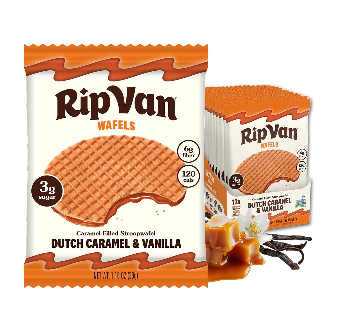 Rip Van Wafels packaging showcasing Dutch Caramel and Vanilla stroopwafels for on the go snacking