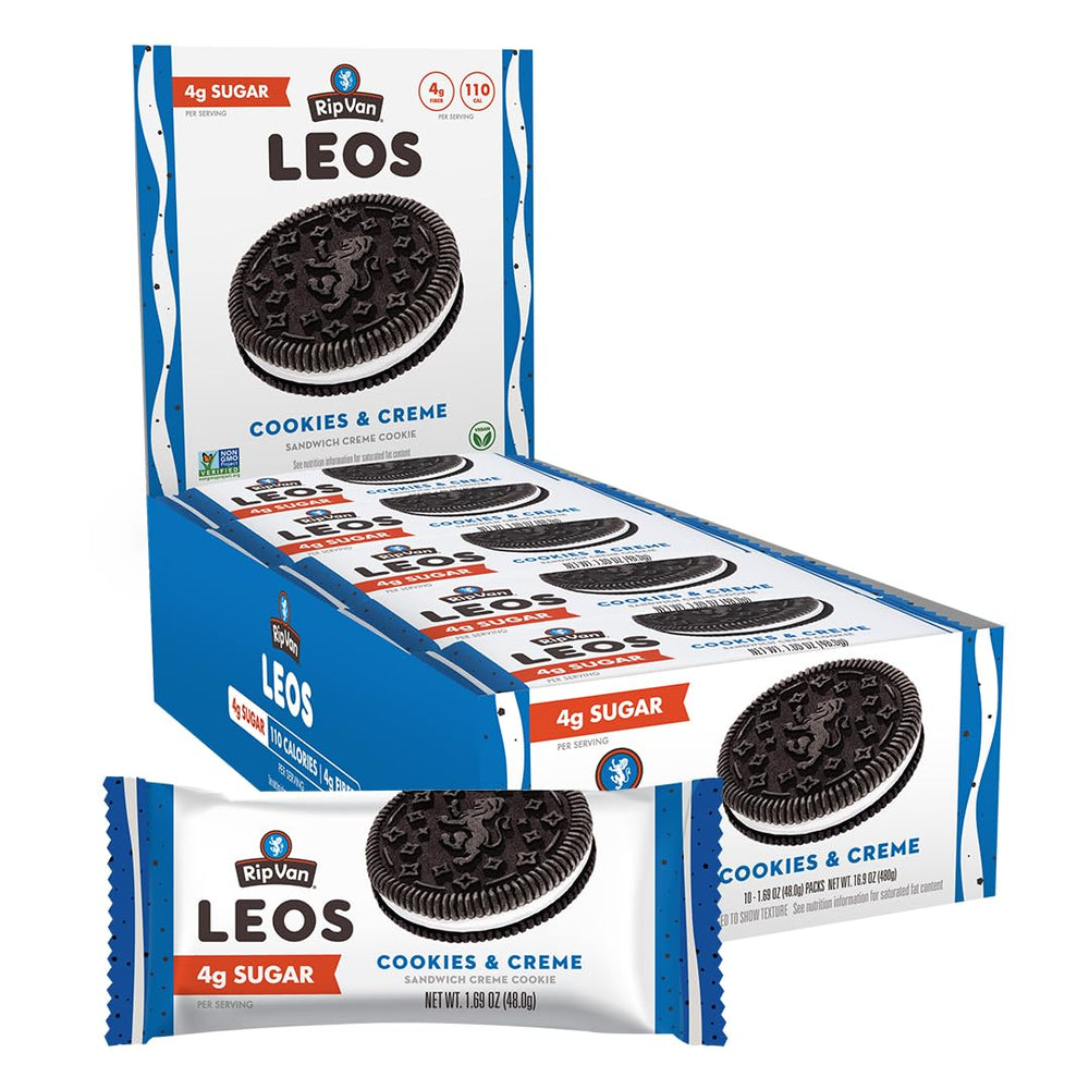 Rip Van Wafels cookies-cream-sandwich; rich flavor with 4g sugar per cookie.