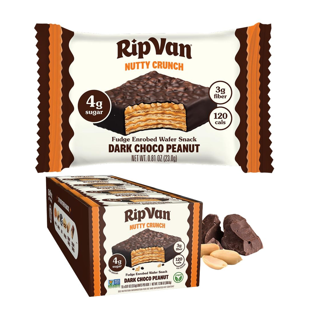 Rip Van Wafels Nutty Crunch wafer close-up showing chocolate-coated crunch for on-the-go snacking