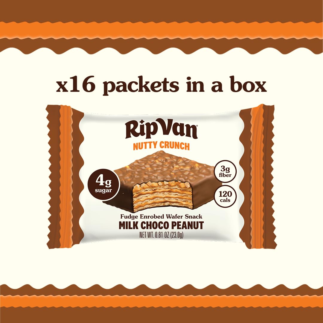Rip Van Wafels Nutty Crunch cross-section reveals chocolate layers and peanut crunch.