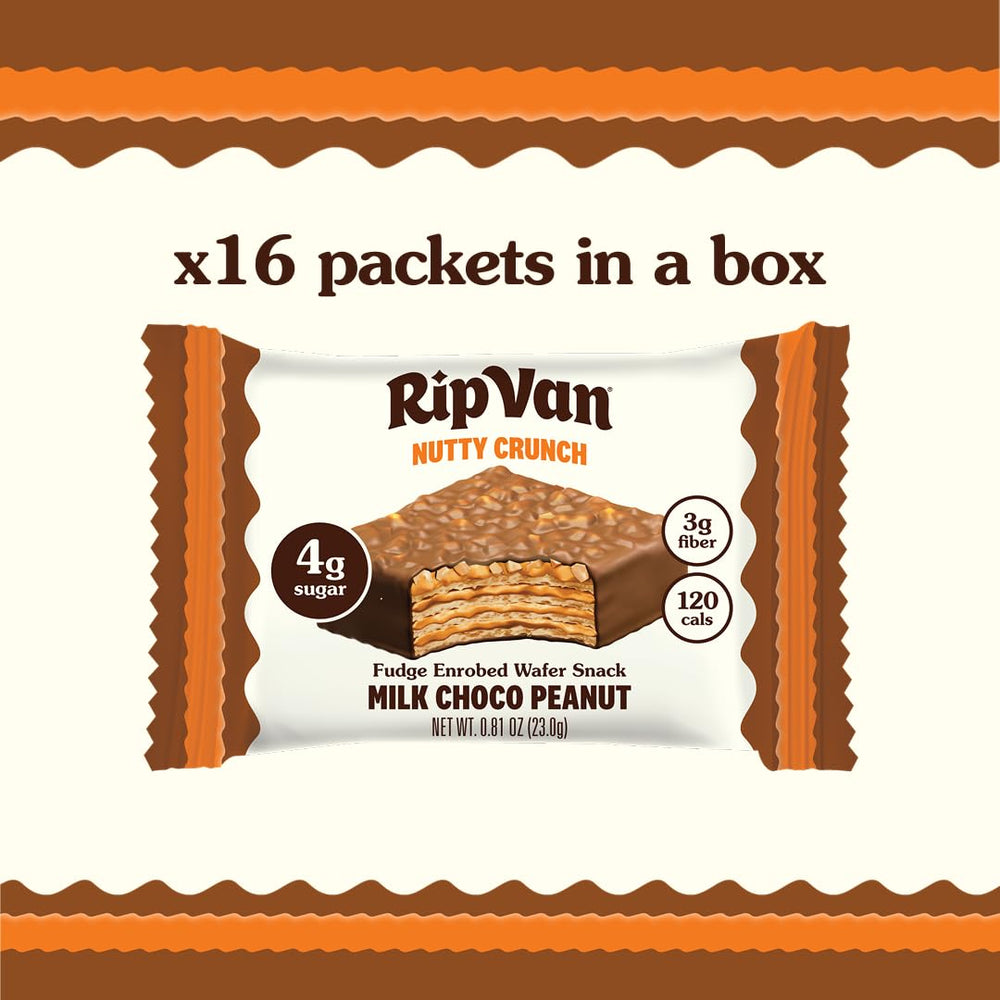 Rip Van Wafels Nutty Crunch cross-section reveals chocolate layers and peanut crunch.