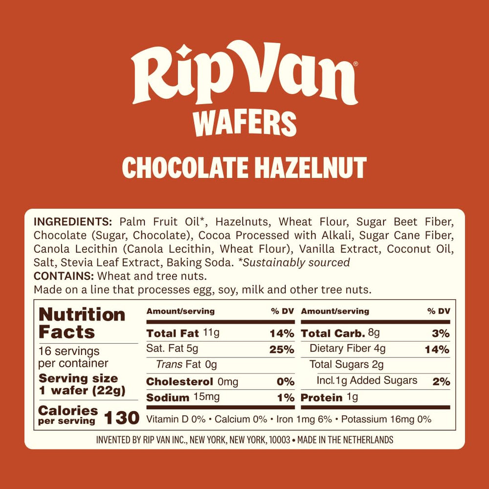 Rip Van Wafels packaging with 16 wafers, convenient portion