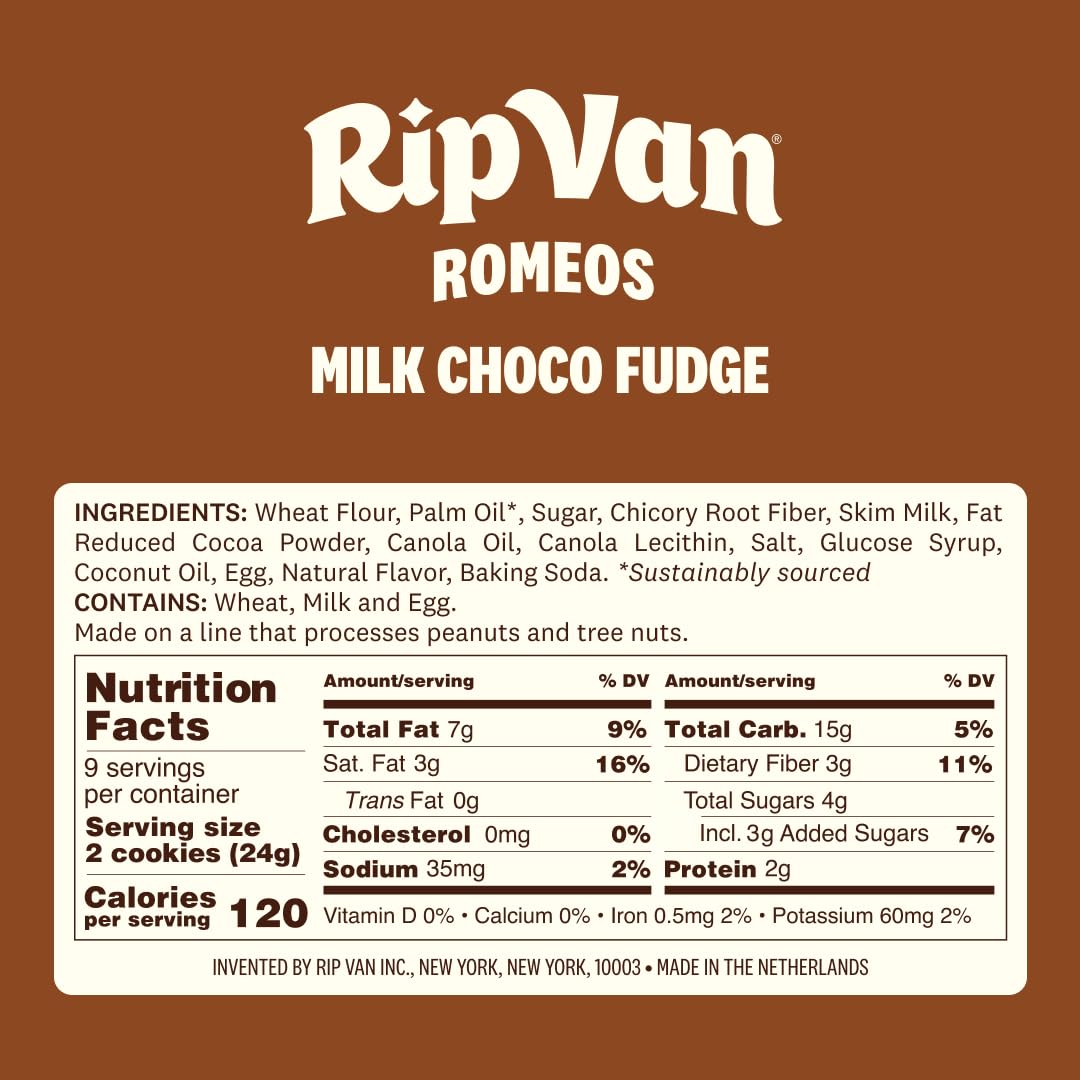 Rip Van Romeos Milk Choco Fudge Cookies close-up shows rich cocoa and vanilla.