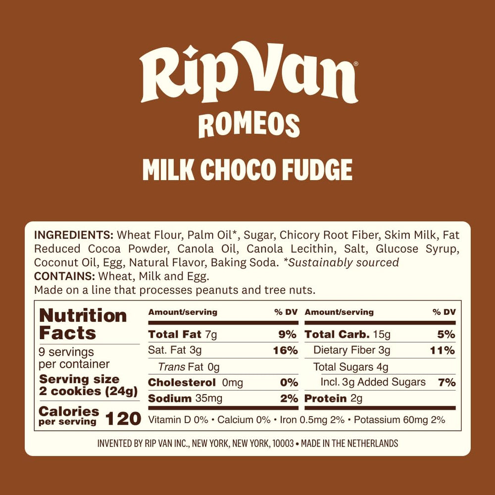 Rip Van Romeos Milk Choco Fudge Cookies close-up shows rich cocoa and vanilla.