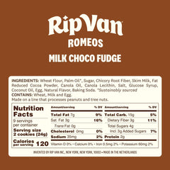 Rip Van Romeos Milk Choco Fudge Cookies close-up shows rich cocoa and vanilla.