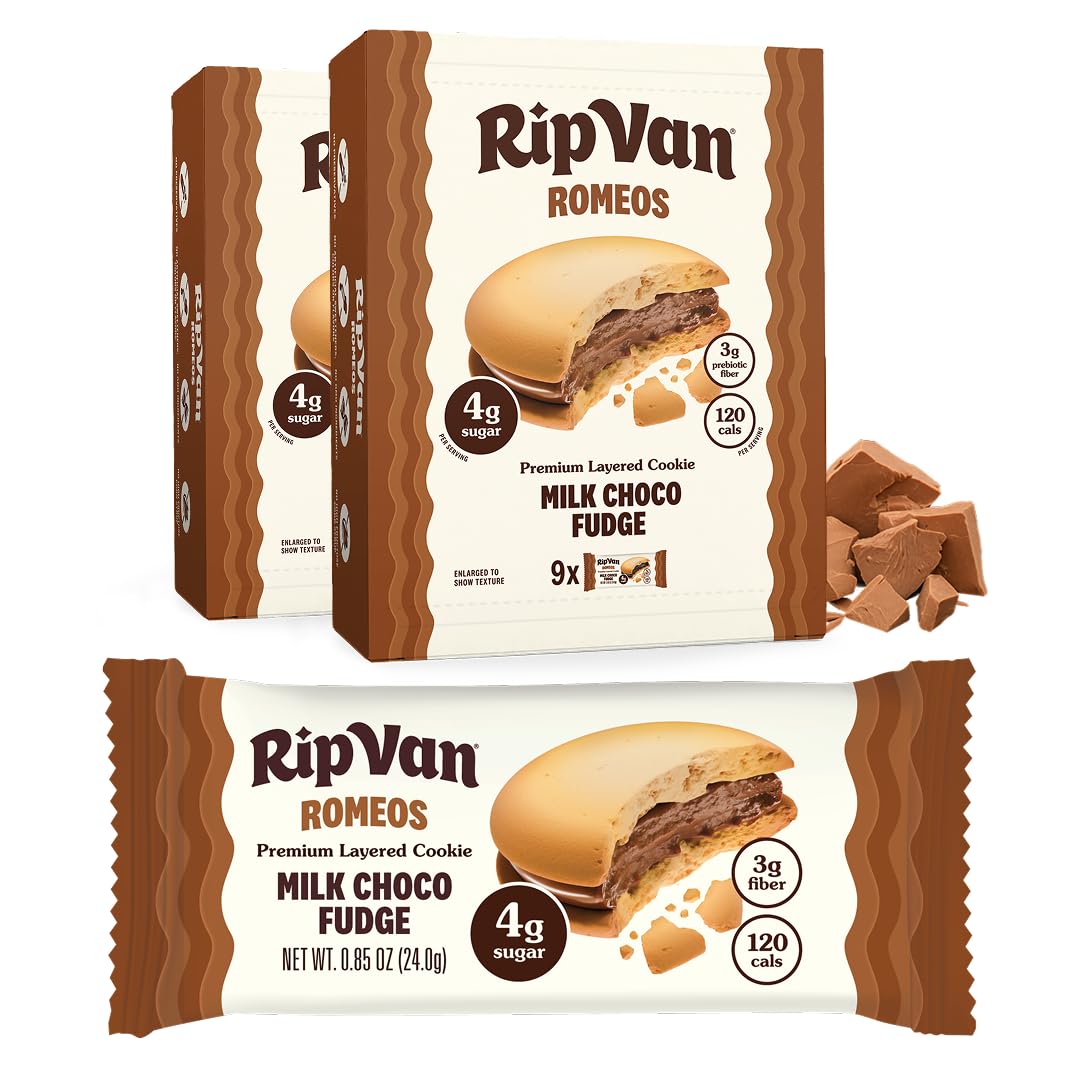 Rip Van Romeos Milk Choco Fudge Cookies packaging highlights convenient on-the-go snacking.