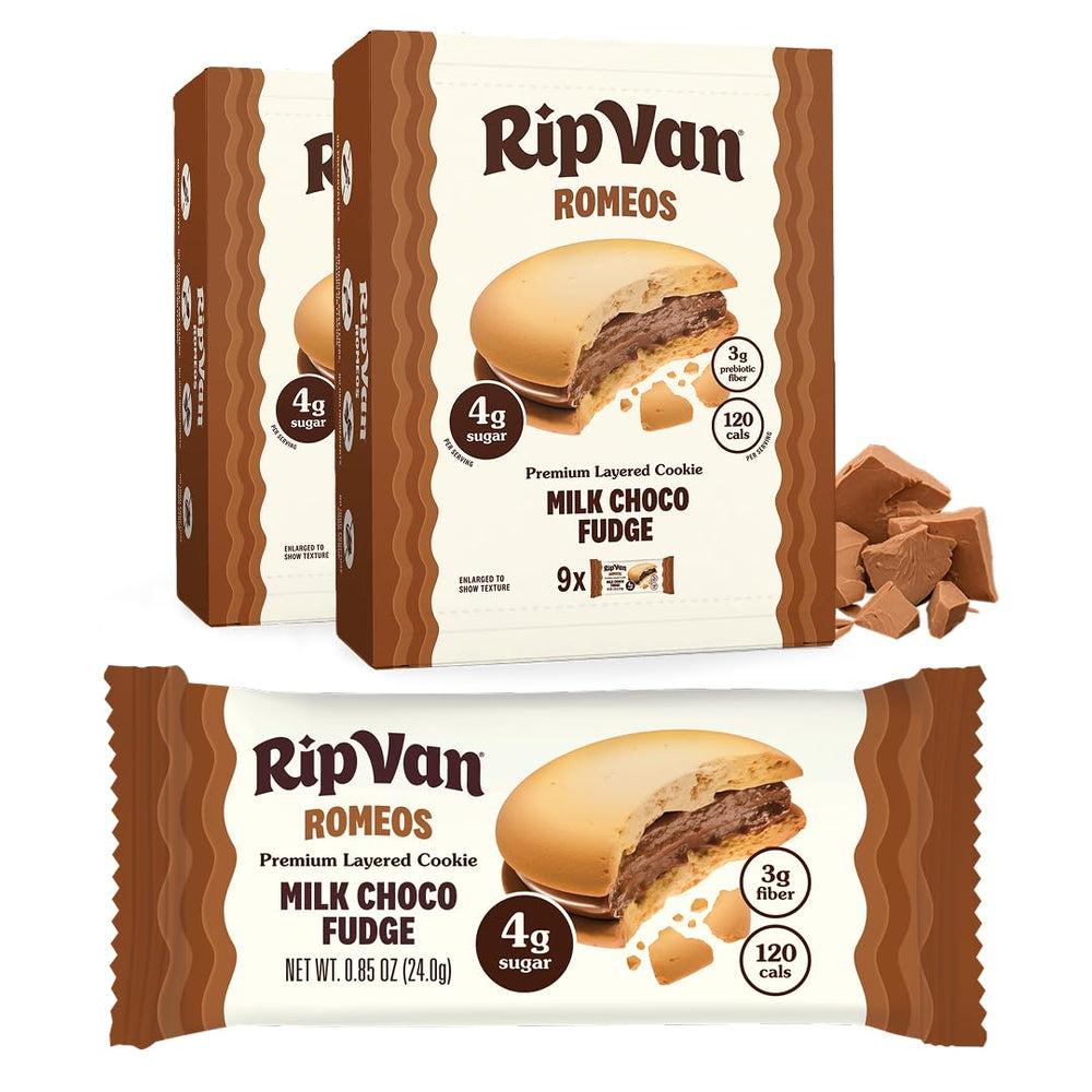 Rip Van Romeos Milk Choco Fudge Cookies packaging highlights convenient on-the-go snacking.