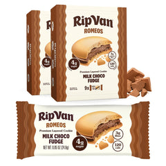 Rip Van Romeos Milk Choco Fudge Cookies packaging highlights convenient on-the-go snacking.