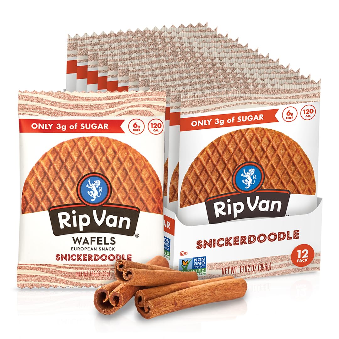 Rip Van Wafels Snickerdoodle Stroopwafel packaging for on-the-go snacking.