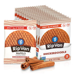 Rip Van Wafels Snickerdoodle Stroopwafel packaging for on-the-go snacking.