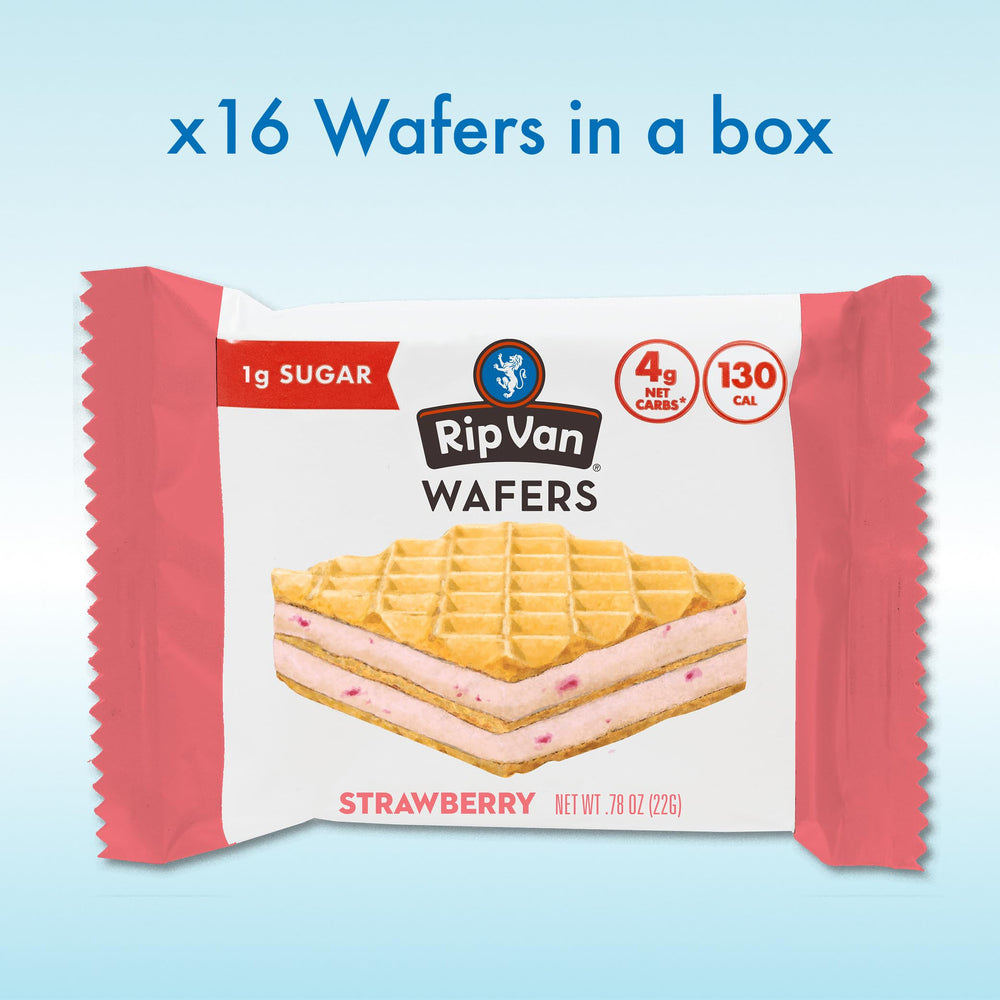 Rip Van Wafels strawberry keto wafer on a desk for office snacking