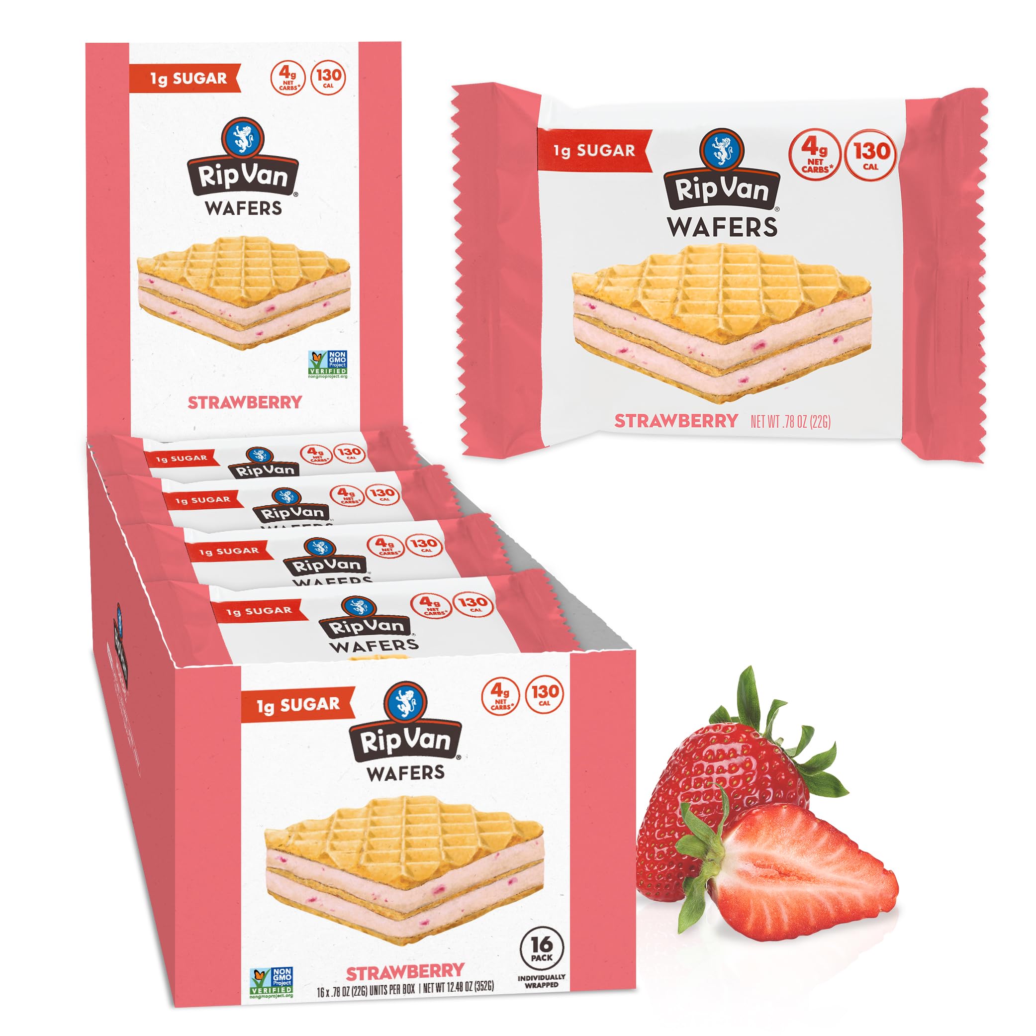 Rip Van Wafels Strawberry Keto Wafer packaging ready for on-the-go snacking
