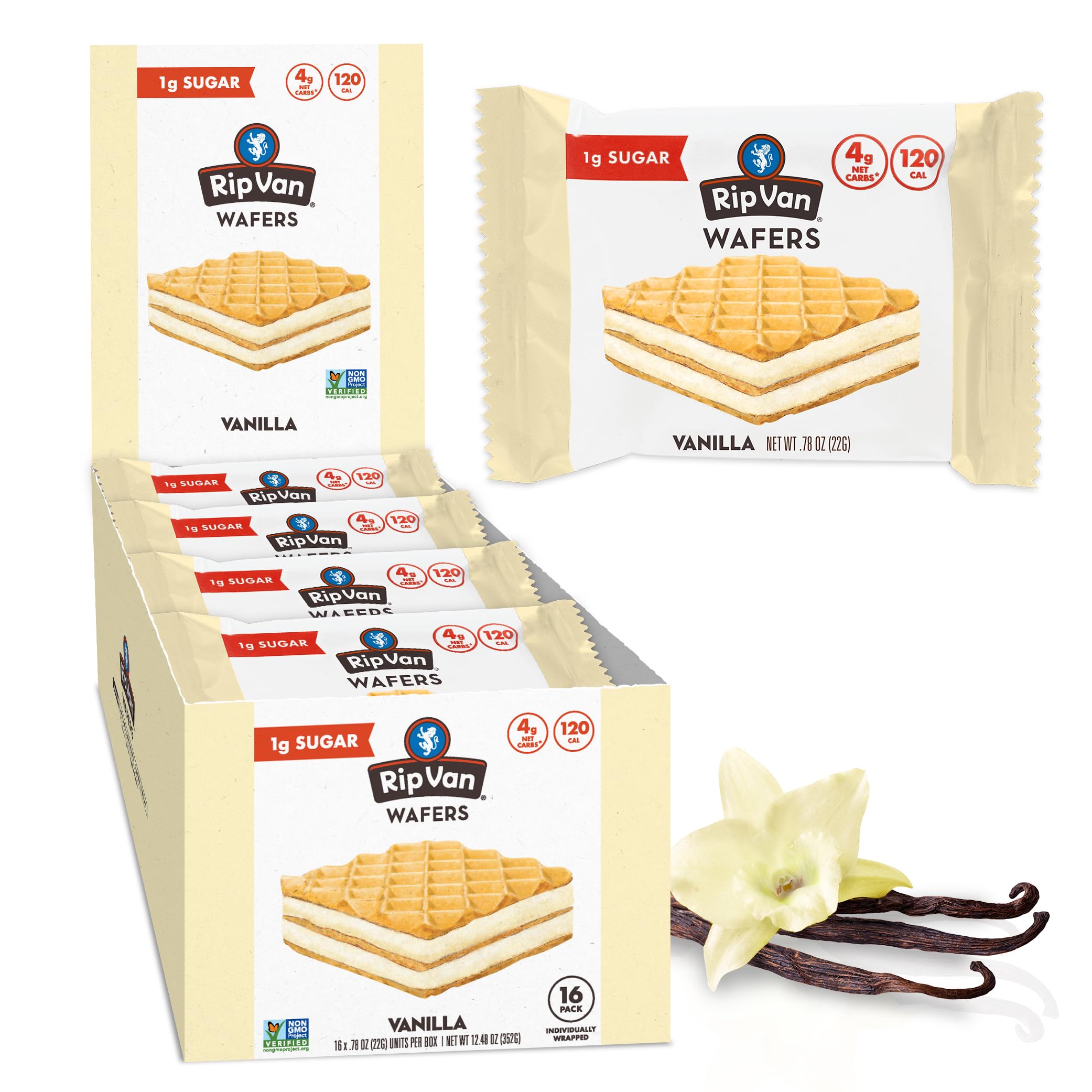 Rip Van Wafels vanilla keto wafer pack, a convenient low sugar snack.