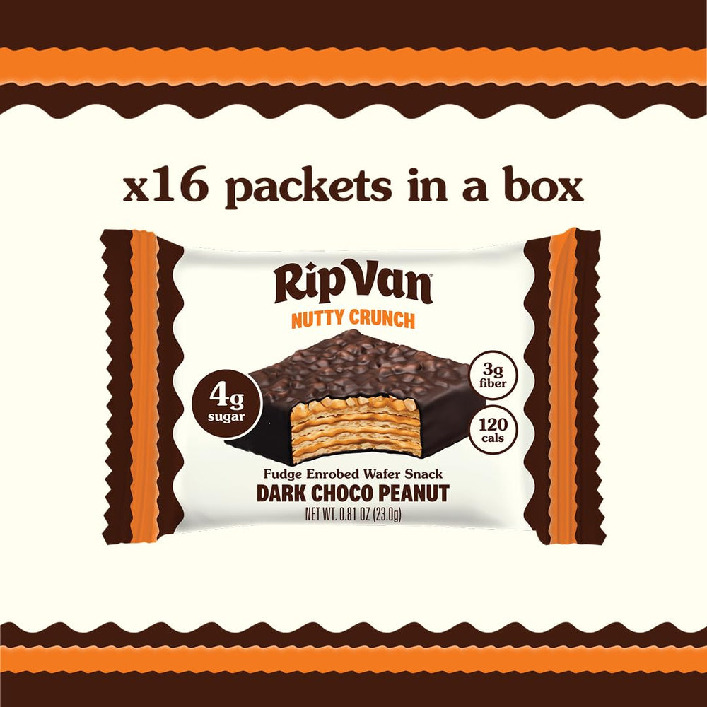 Rip Van Wafels Nutty Crunch wafer showing low sugar and 120 calories per piece