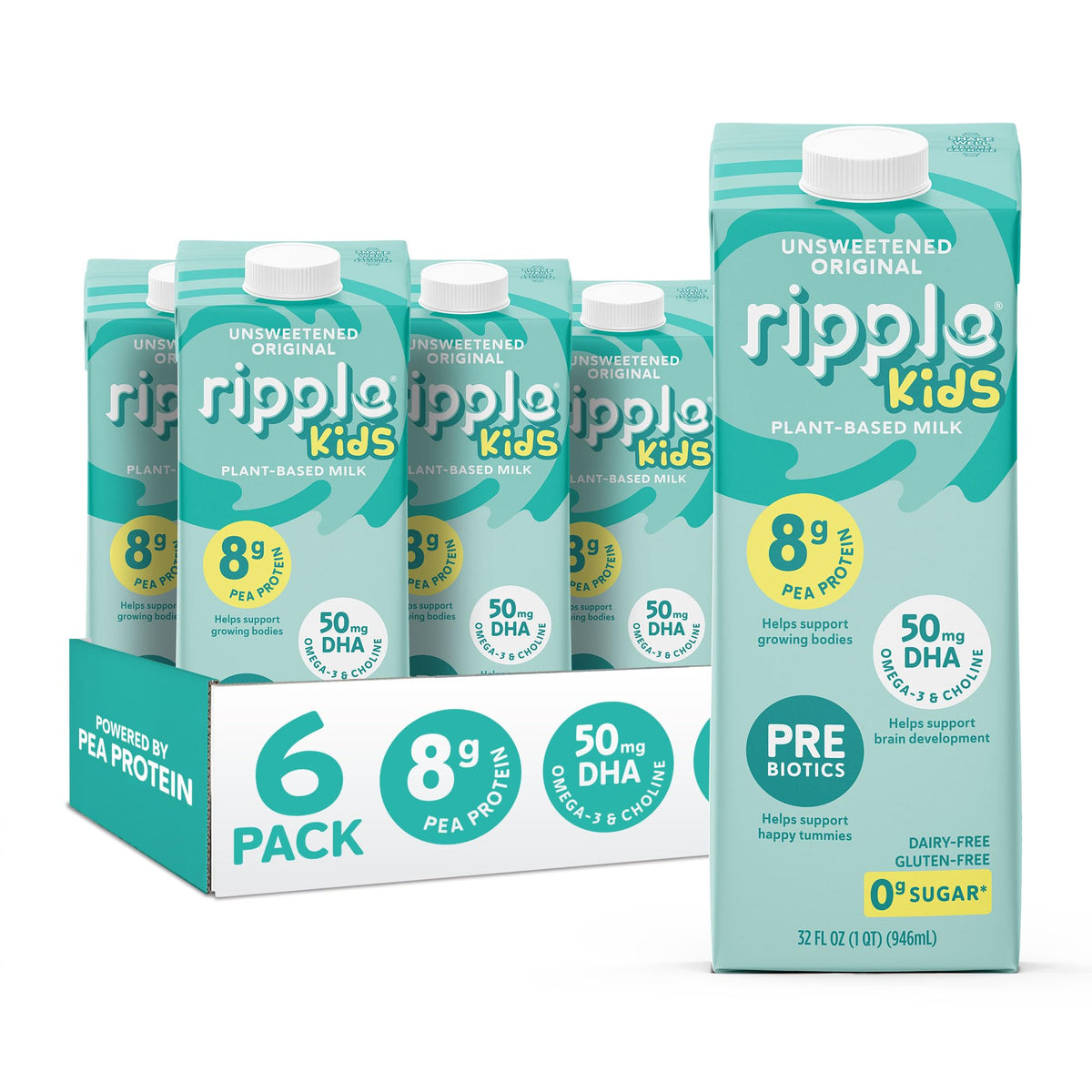 Ripple 32oz pack shot showing shelf-stable plant-based milk ready in the pantry.