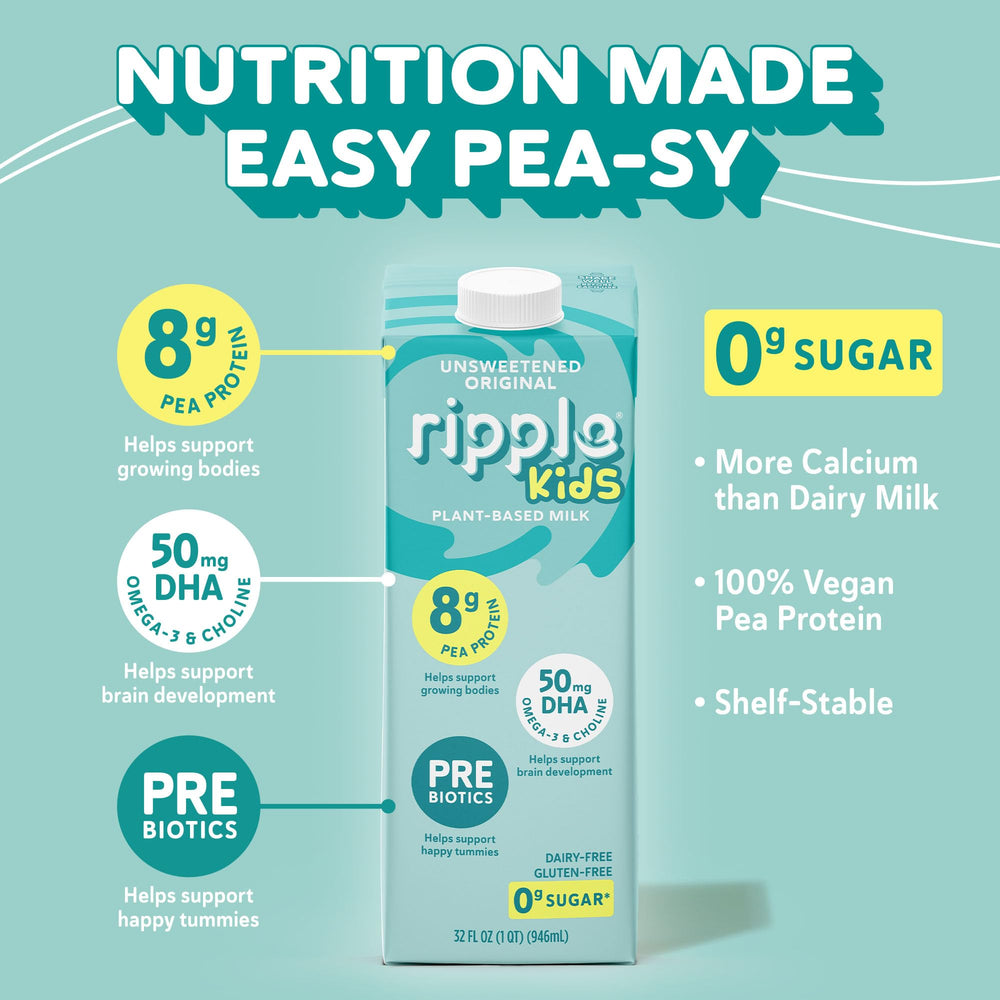 Ripple 8g protein per serving close-up underscores protein-rich plant milk option.