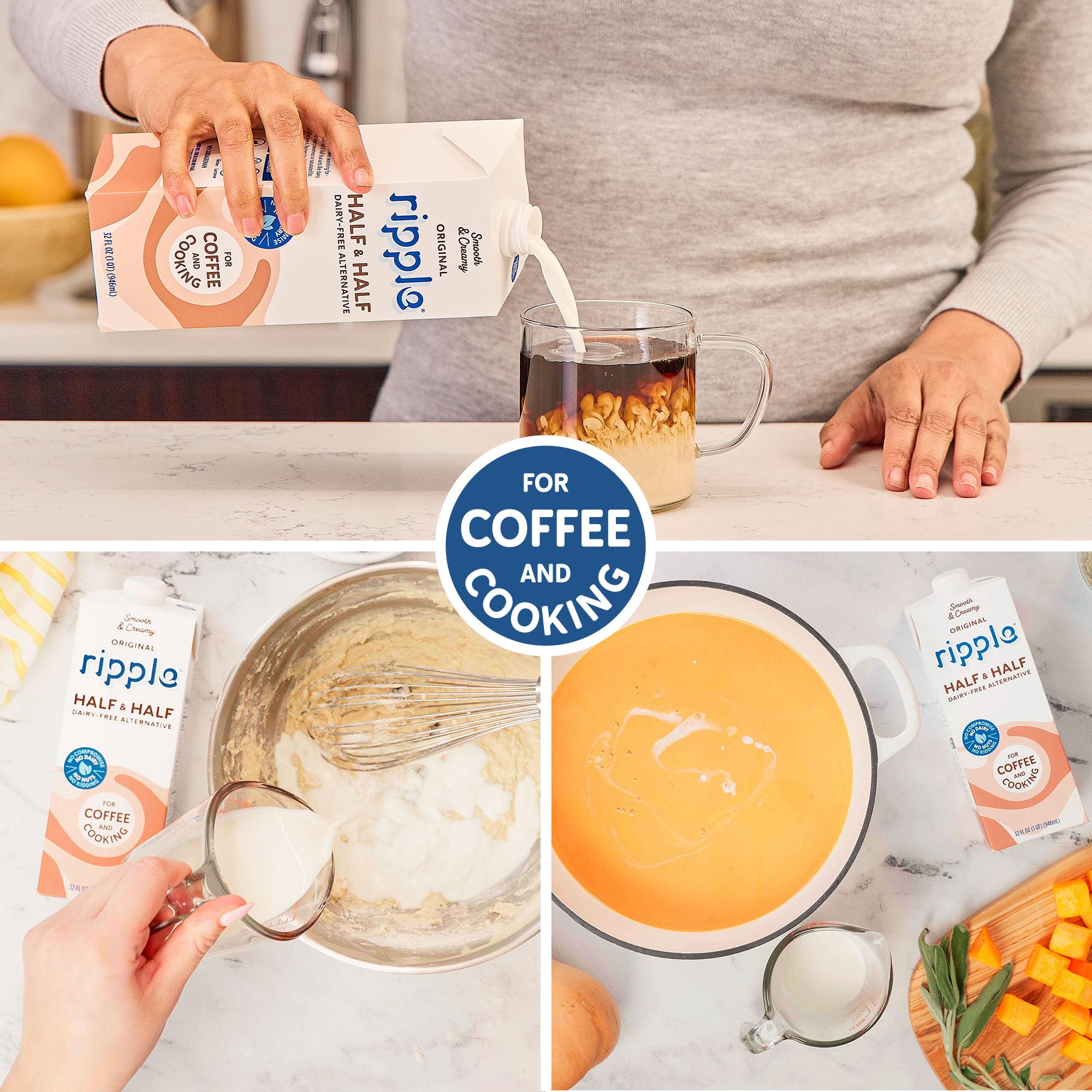 Ripple kitchen setup with coffee and smoothie using plant-based milk.