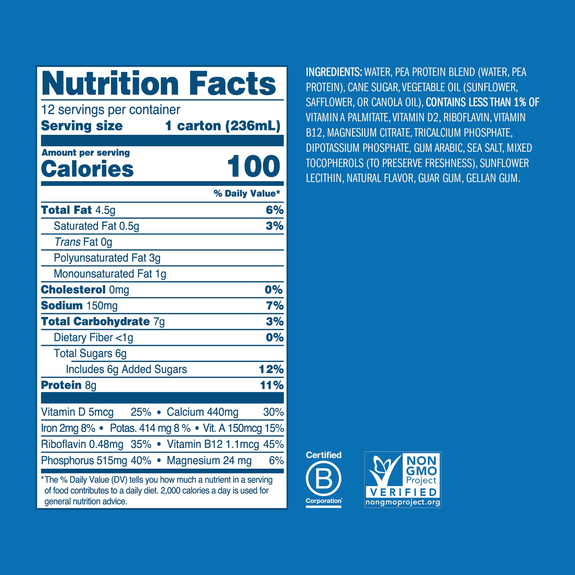 Ripple Original pea protein close-up highlighting 8g protein per serving.