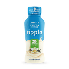 Ripple Vanilla Shake label closeup communicates 20g pea protein and allergen-free assurance.