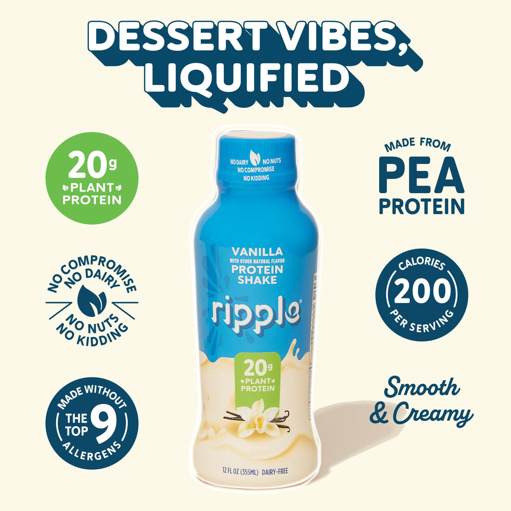 Ripple Vanilla Shake on-the-go packaging highlights shelf-stable nutrition for busy days.