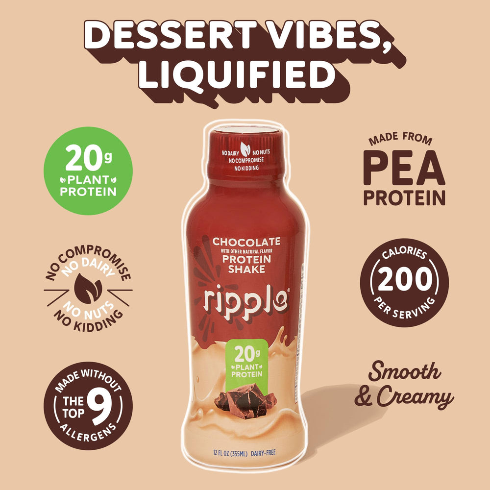 Ripple vegan protein shake chocolate glass pour captures creamy chocolate flavor