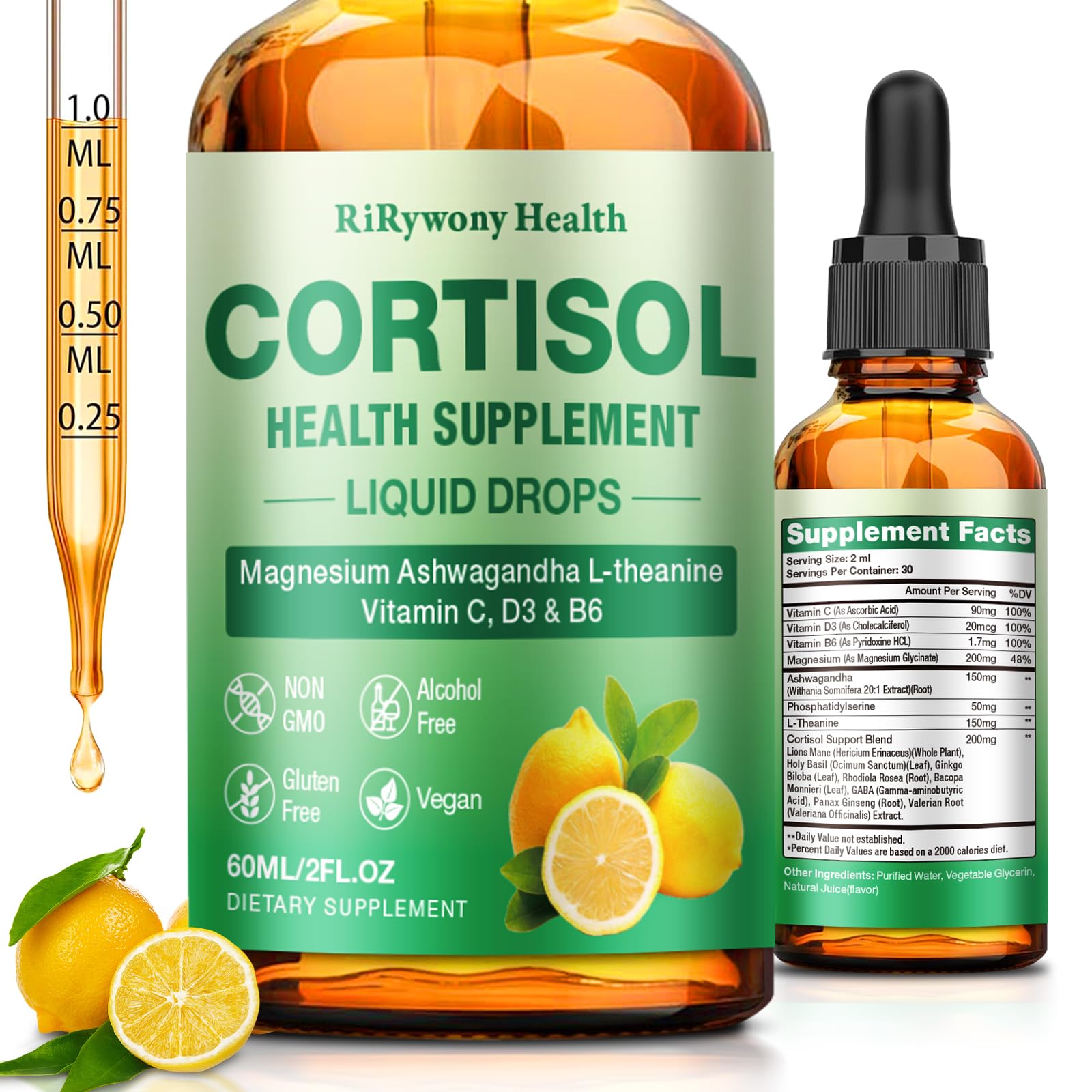 RiRywony Health cortisol drops lemon bottle for calm mood support.