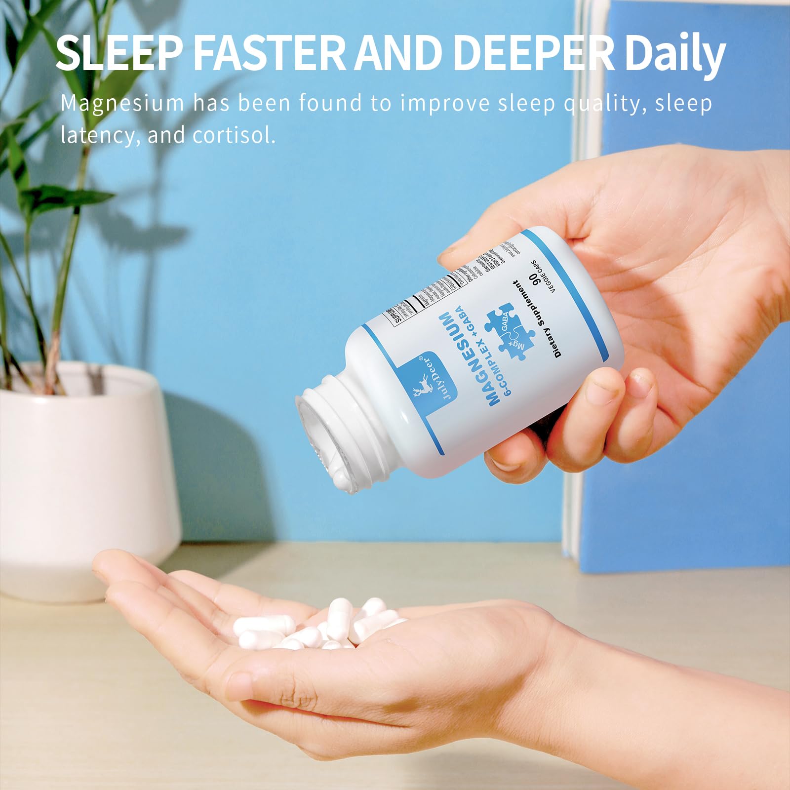 Risabou JulyDeer magnesium bottle on table suggests daily wellness routine.