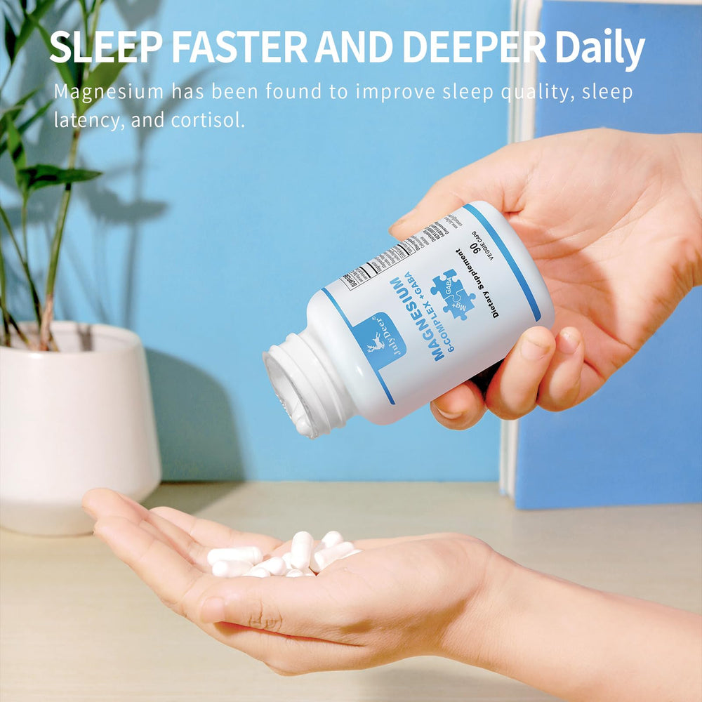Risabou JulyDeer magnesium bottle on table suggests daily wellness routine.