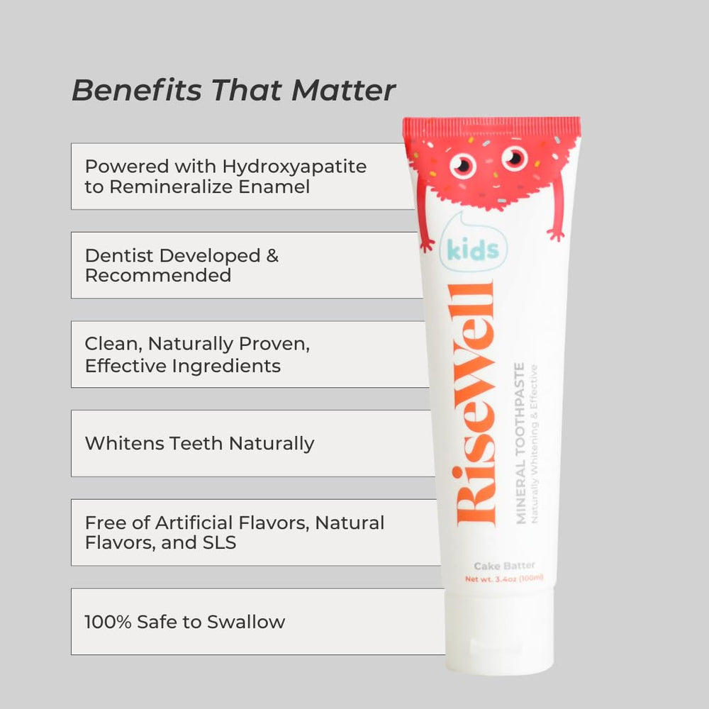 RiseWell Kids toothpaste no fluoride label signaling safe, swallowable daily use