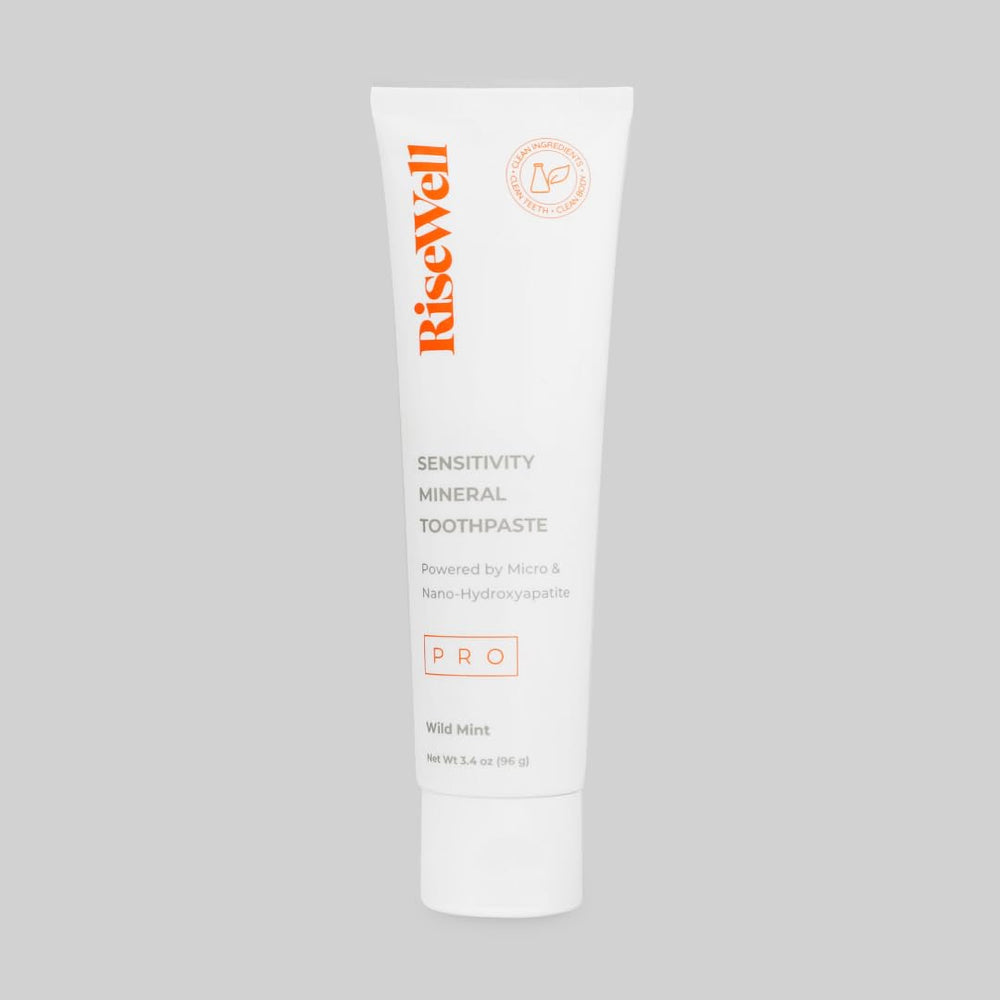 RiseWell PRO packaging and label emphasizing fluoride-free, vegan, dentist-developed credentials