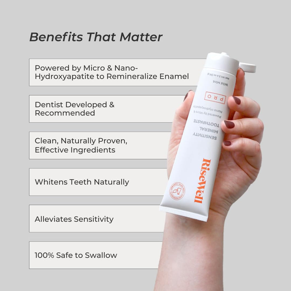 RiseWell PRO toothpaste tube closeup highlighting micro and nano hydroxyapatite action for enamel