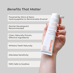 RiseWell PRO toothpaste tube closeup highlighting micro and nano hydroxyapatite action for enamel