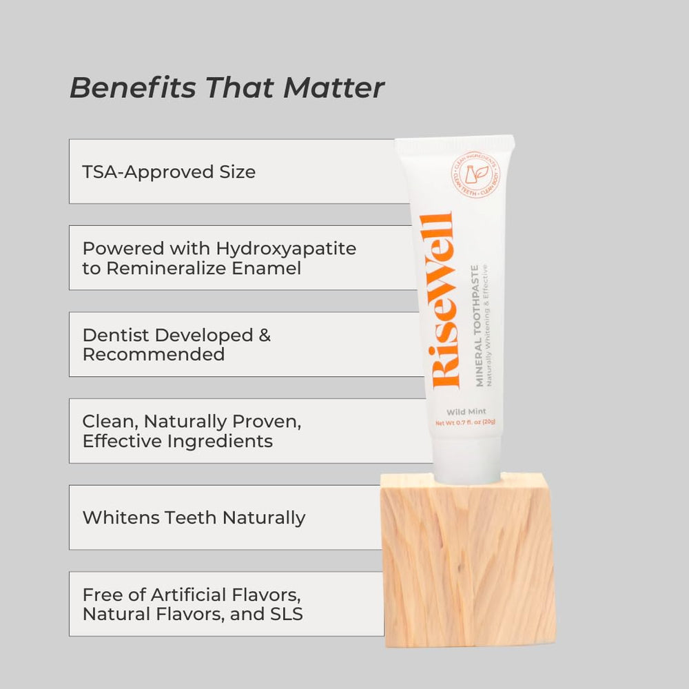 RiseWell Wild Mint toothpaste close-up, fluoride-free and SLS-free formula