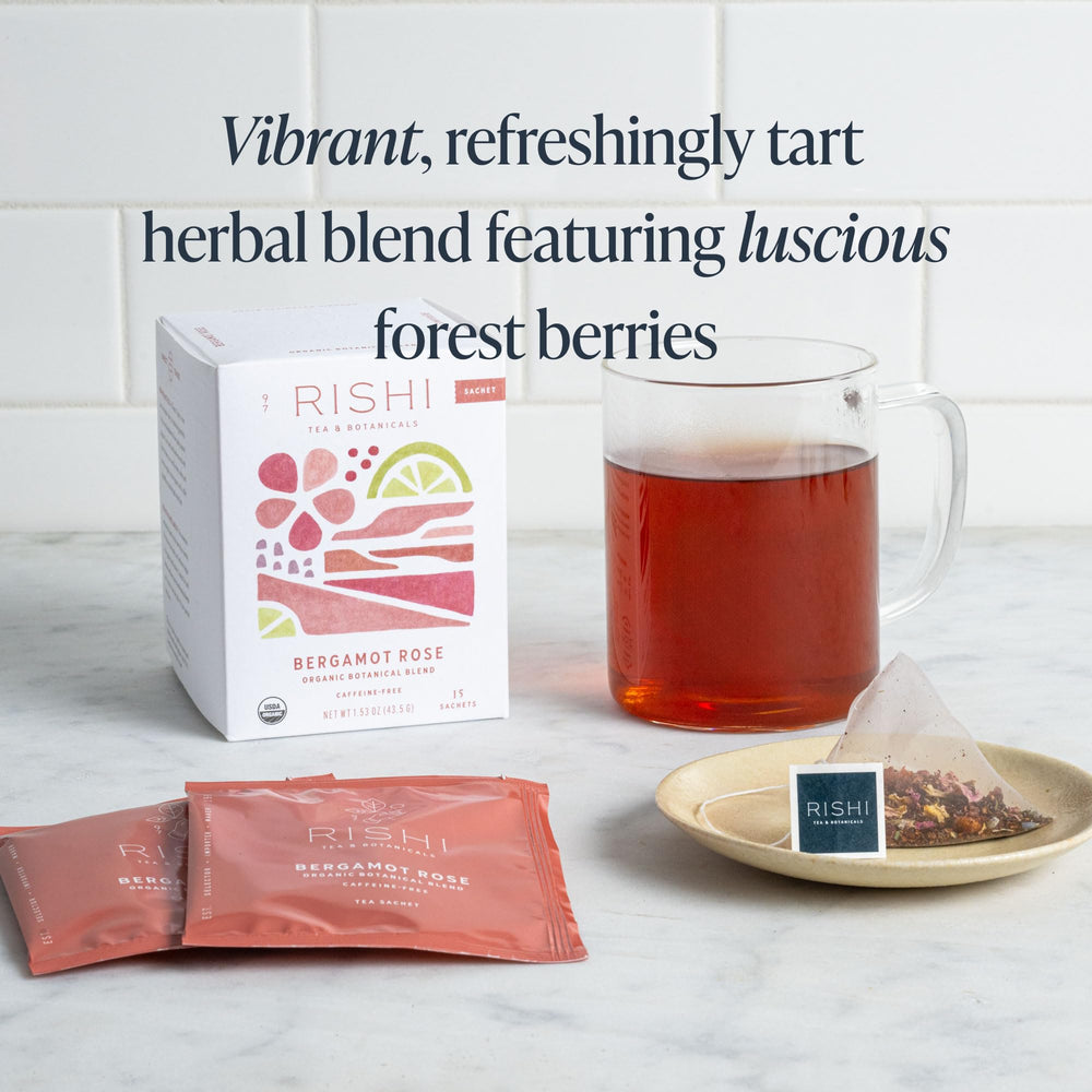 Cup of prepared Rishi Bergamot Rose Herbal Tea with citrus aroma