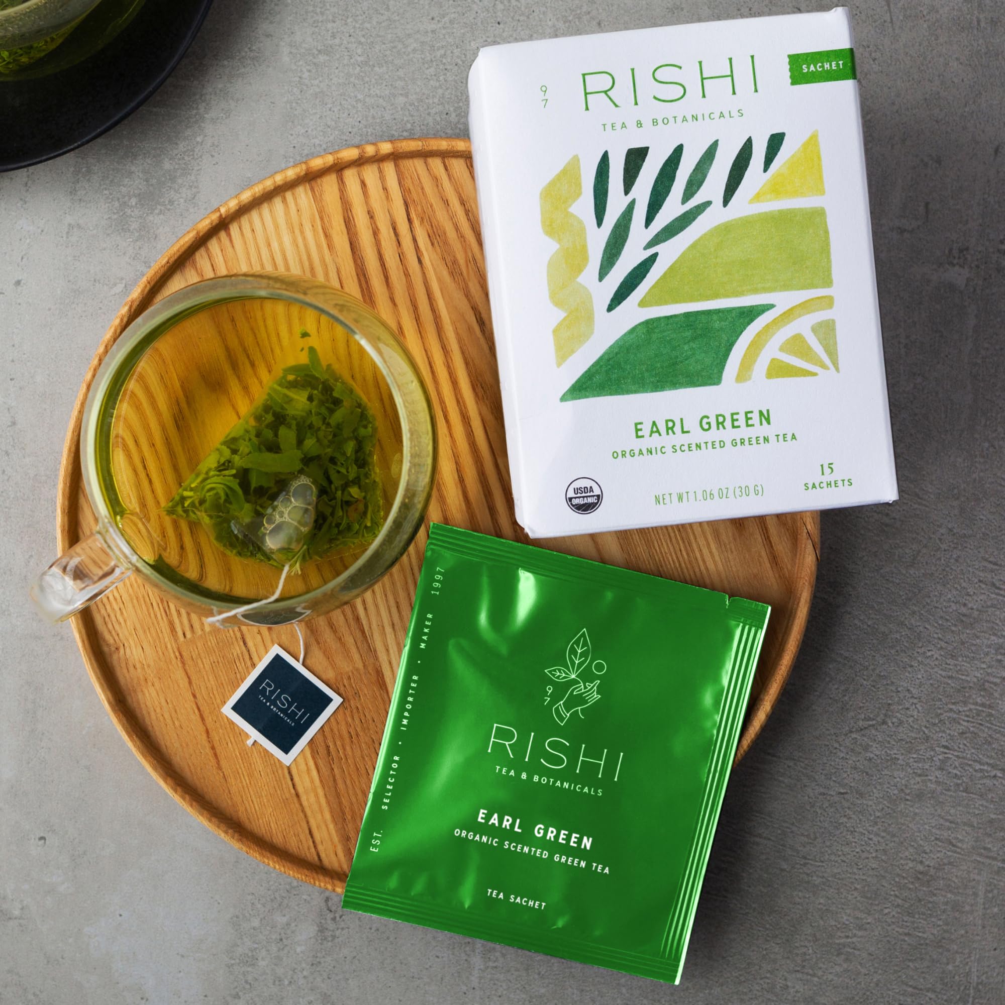 Rishi Earl Green fifteen sachets on a shelf for quick mornings.