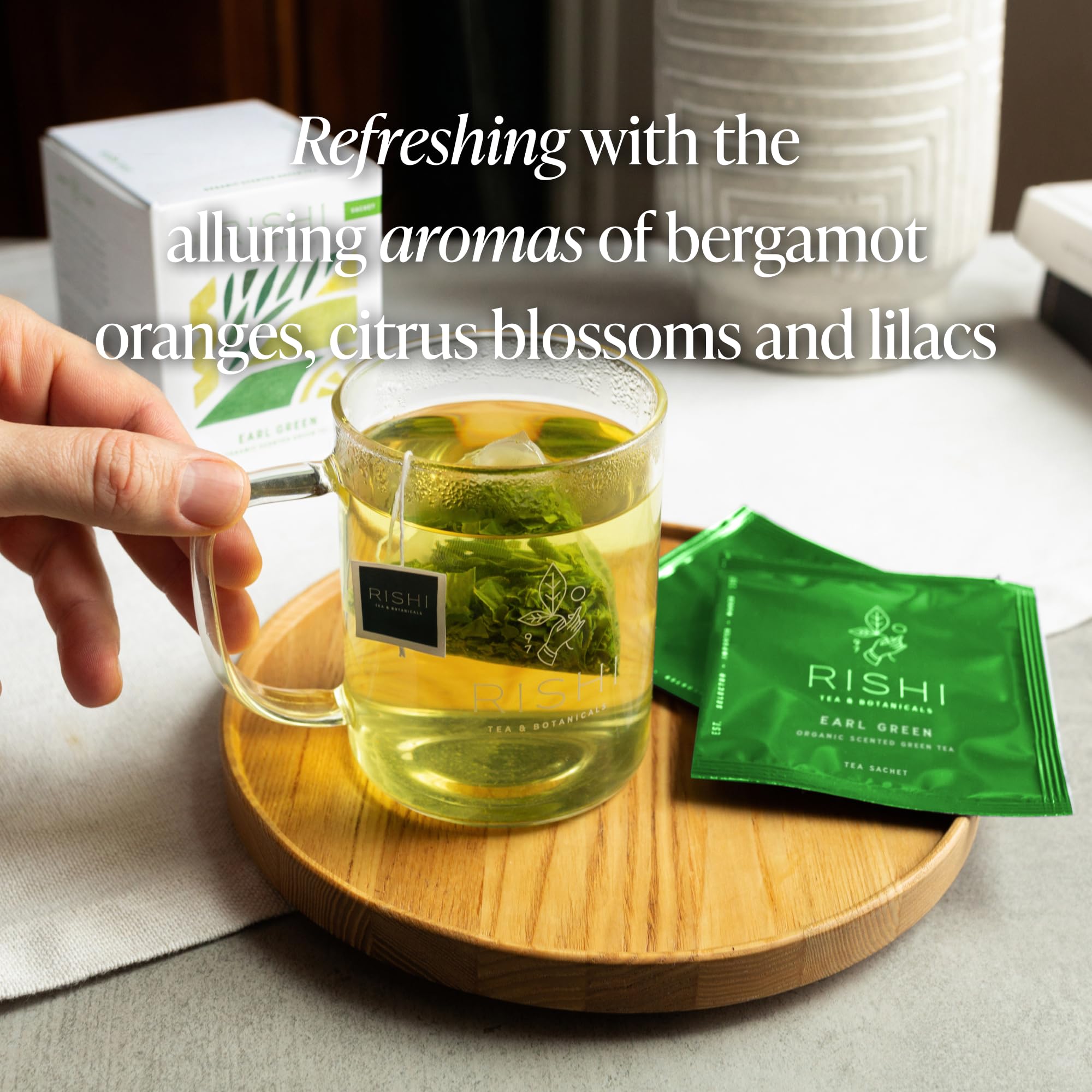 Rishi Earl Green packaging sachets for easy on-the-go brewing.