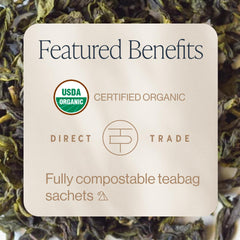Rishi Earl Green sencha leaves closeup for a smooth, citrusy brew.