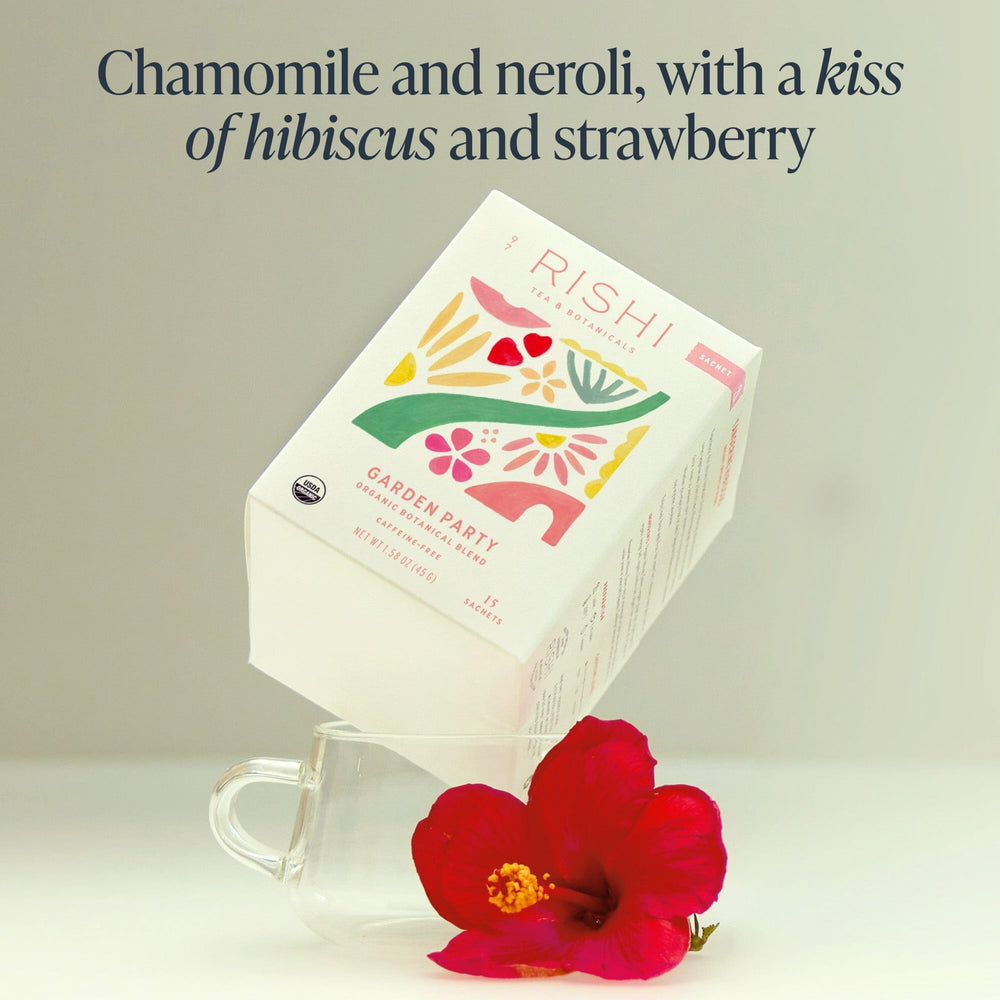 Rishi Garden Party honeybush infusion appears smooth with delicate sweetness.