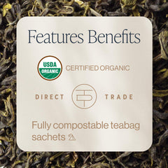 Rishi Tea Jasmine Green Tea cup close-up, floral aroma for mindful sipping.