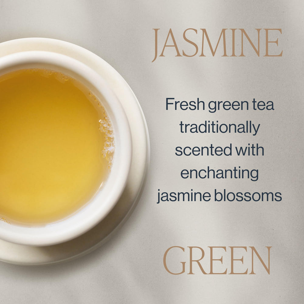 Rishi Tea Jasmine Green Tea packaging shows direct trade origins.