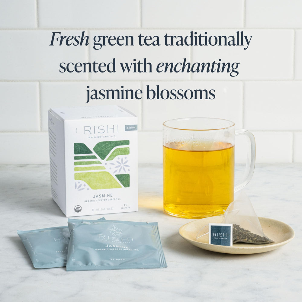 Rishi Tea Jasmine Green Tea sachet, convenient single-serve infusion.