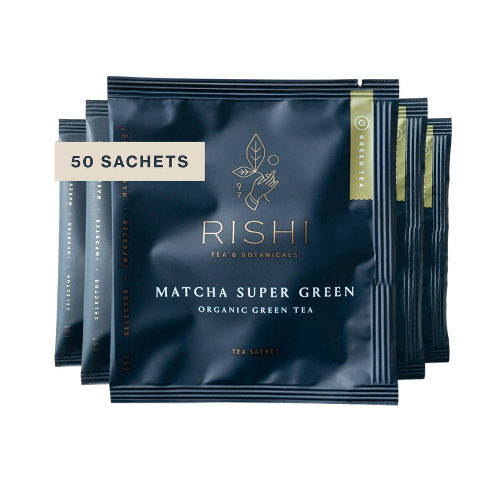 Rishi Tea Matcha Super Green sachet bag ready for a quick, energizing brew.